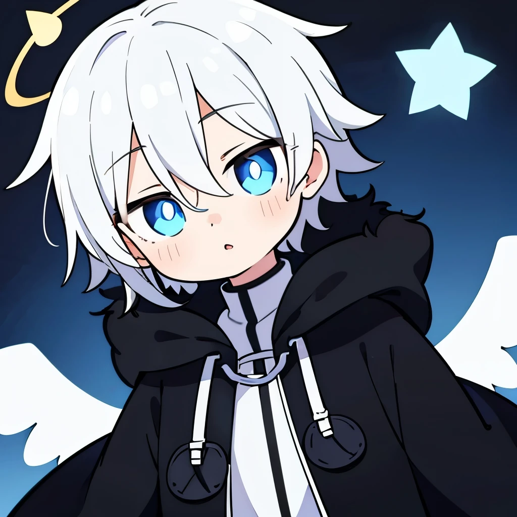  One boy, alone, Short Hair, (White Hair, Blue eyes with vertical pupils), Angel Halo, Black long coat, Black fur hood, Angel&#39;s wing, Vertical scar, Right eye is hidden, Performance, laughing, Delighted