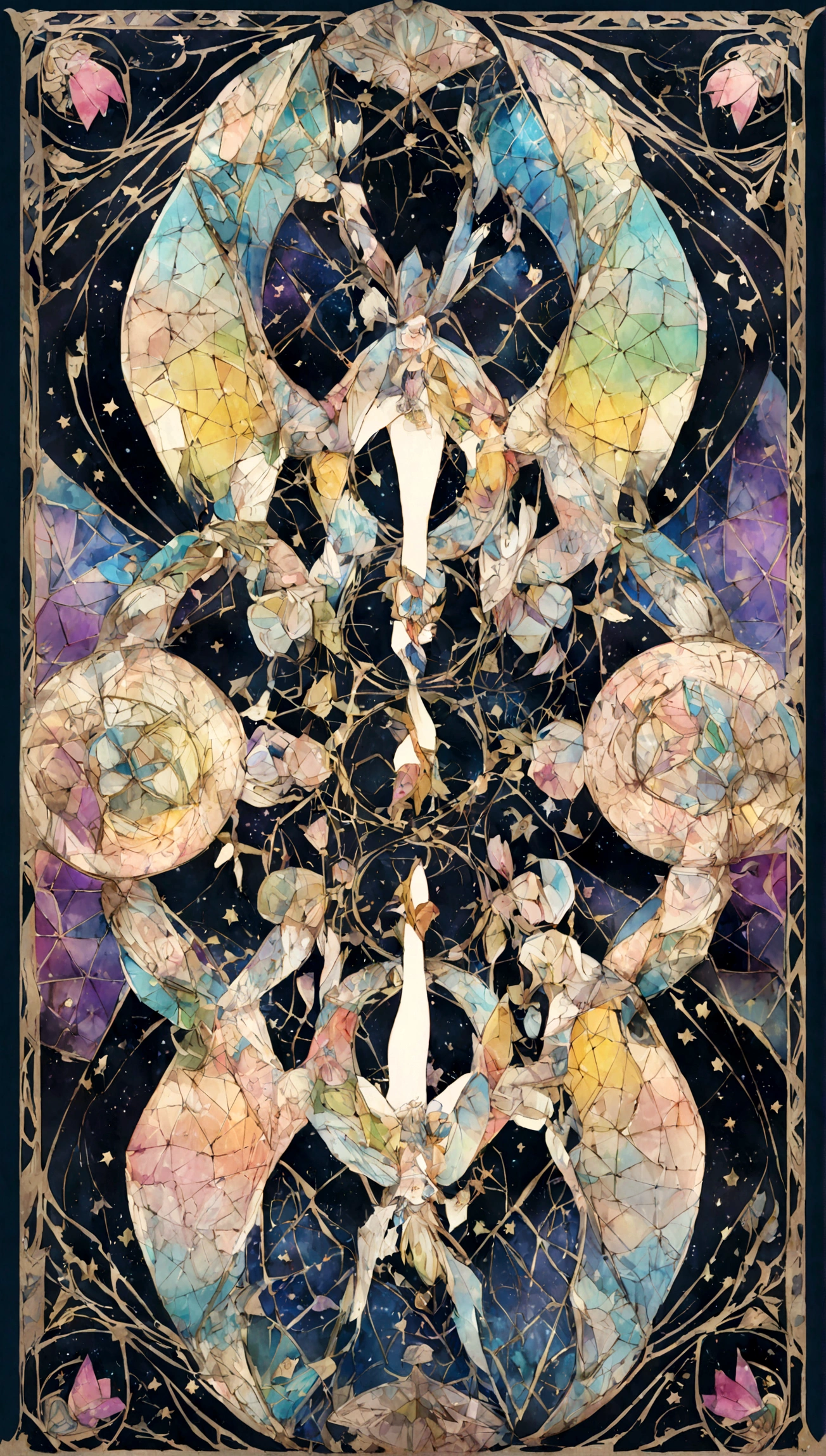 Symmetric、Geometric pattern、The Mysterious symbol is the flower、color is dark blue、purple、black、money、The texture is glossy、The edges of the card are、Stars in the four corners、card、Tarotcard、Tarot、pictorial pattern、Mysterious、nice、Symmetric性アップ, Down, about、Bright colors、Gorgeous colors、Jewel-like pattern、Angel Wings