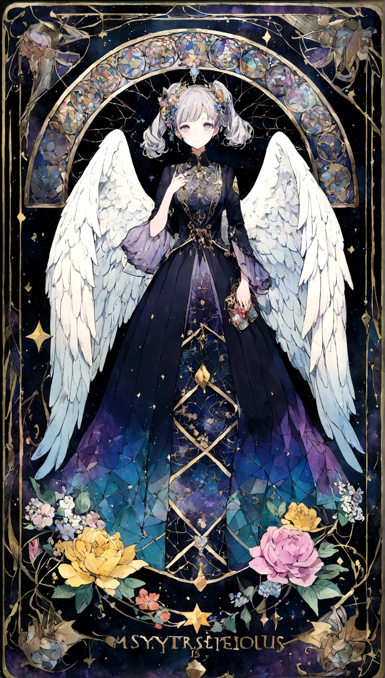 Symmetric、Geometric pattern、The Mysterious symbol is the flower、color is dark blue、purple、black、money、The texture is glossy、The edges of the card are、Stars in the four corners、card、Tarotcard、Tarot、pictorial pattern、Mysterious、nice、Symmetric性アップ, Down, about、Bright colors、Gorgeous colors、Jewel-like pattern、Angel Wings