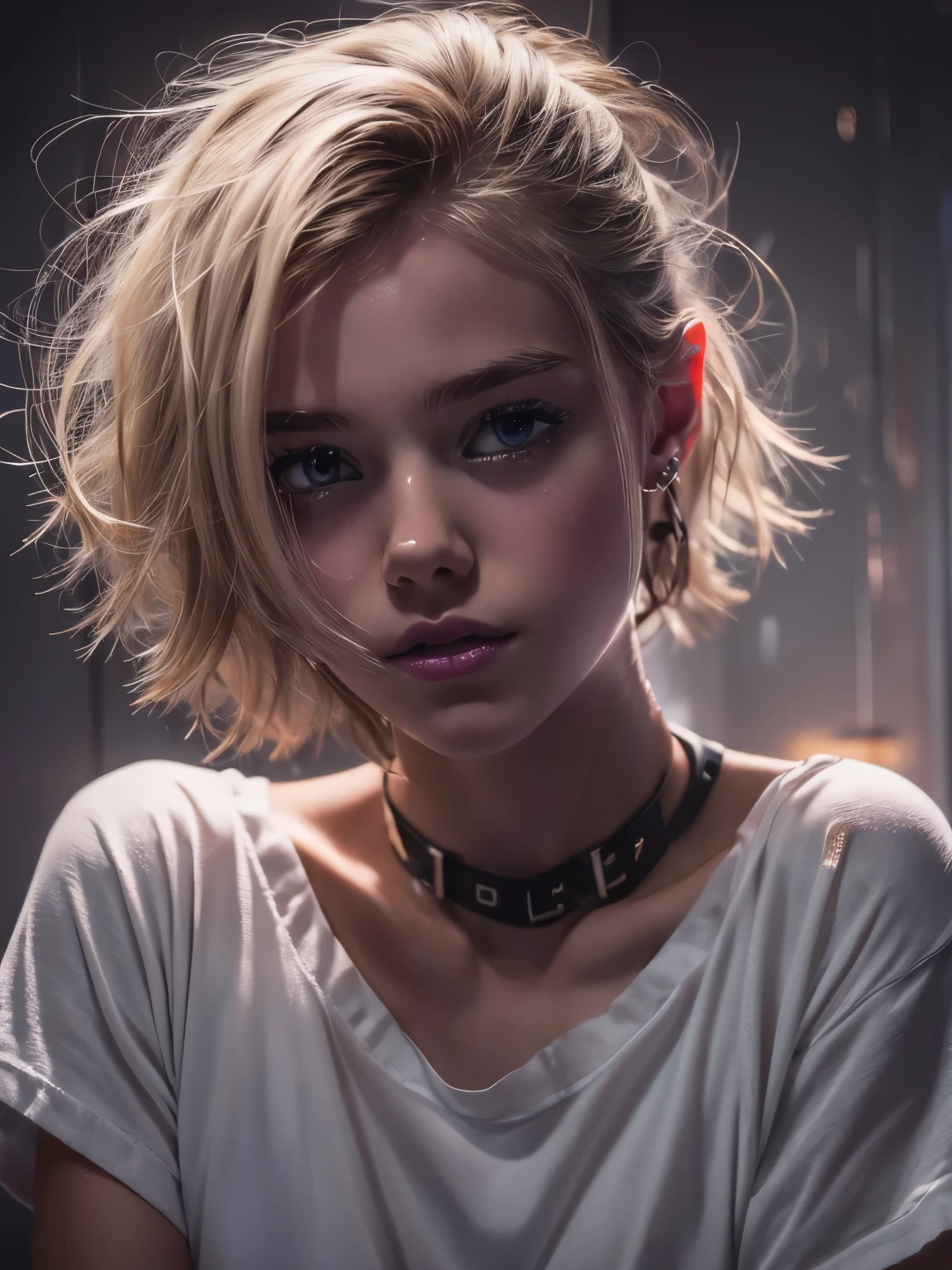 ****ung girl, blonde hair, white wet tshirt, flat chested, 18yo (best quality:1) , (masterpiece:1), (ultra detailed:1), photorealism, upper body, (looking at viewer:1.1), (indoors, night, darkness, dark room:1.2)
side on, short hair, choker, atmospheric lighting, moody and gritty, low key lighting
