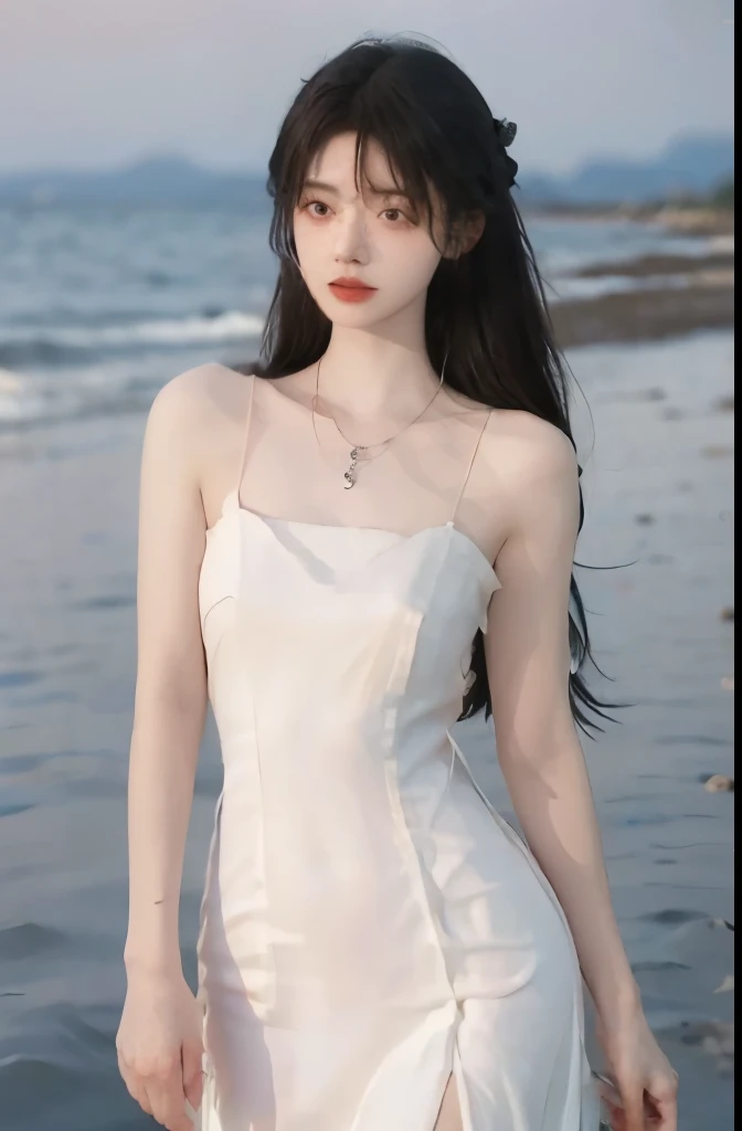 Beautiful woman with perfect body：1.4，Layered Hairstyle，Highly detailed face and skin textures，Double eyelids，Skin Whitening，Long hair，Whitened long legs，（evening dress，necklace），Standing by the sea