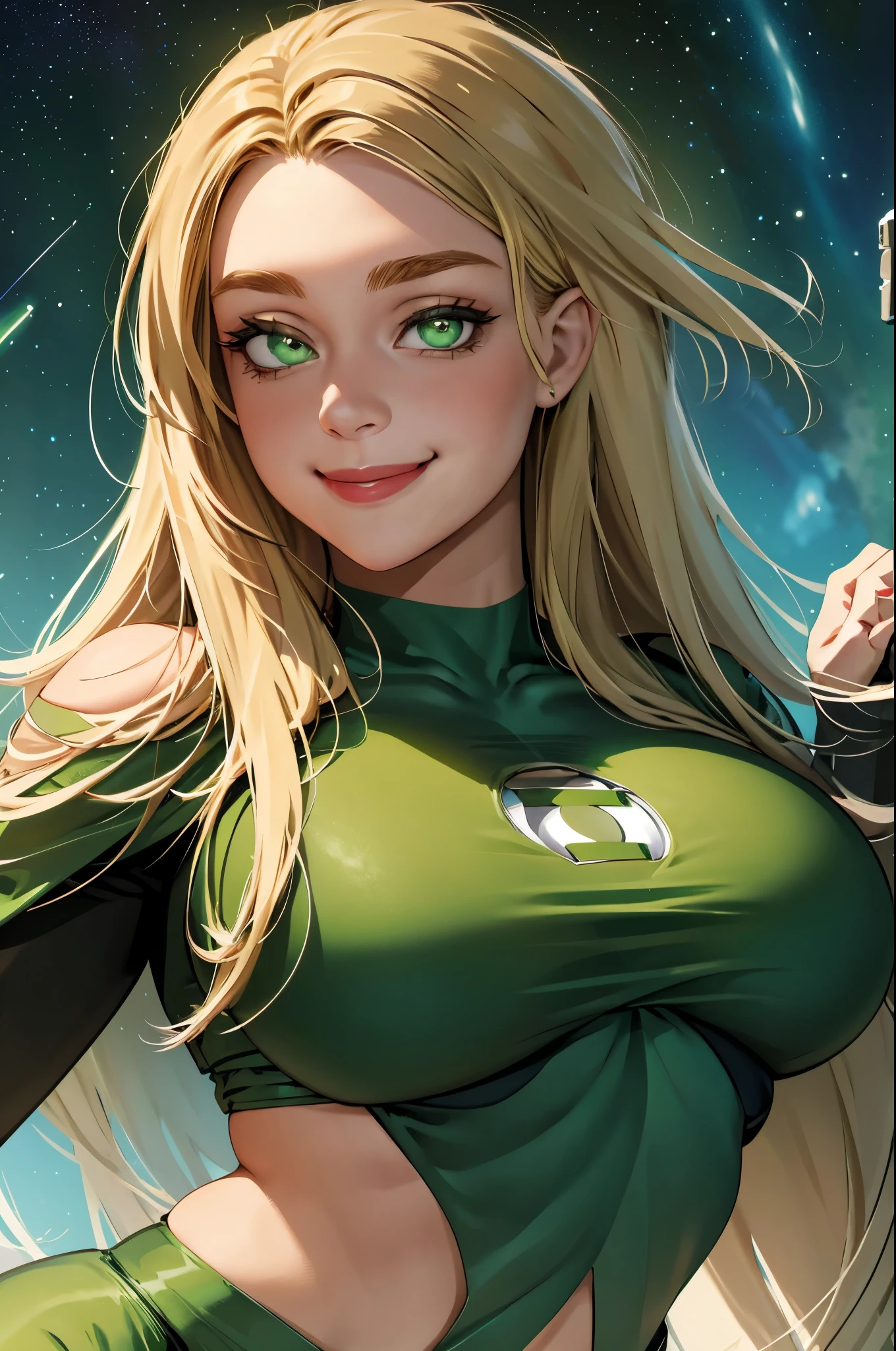 woman, long blonde hair, dark eyes, smiling, crop top, wearing a green ring, space background, huge breasts, sexy, feminine, masterpiece, beautiful detailed eyes, detailed face, looking at viewer, glowing, half body portrait, green lantern, gabbie carter, magazine pose, flying,