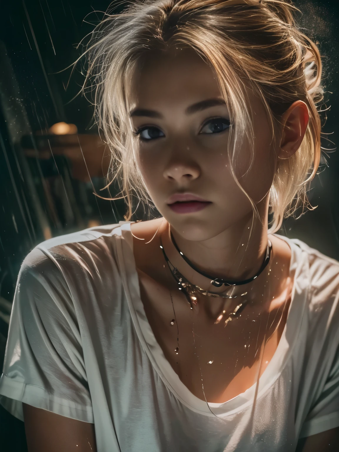 ****ung girl, blonde hair, soaked white tshirt, wet hair, flat chested, 18yo (best quality:1) , (masterpiece:1), (ultra detailed:1), photorealism, upper body, (looking at viewer:1.1), (indoors, night, darkness, dark room:1.2)
side on, short hair, choker, atmospheric lighting, moody and gritty, low key lighting
