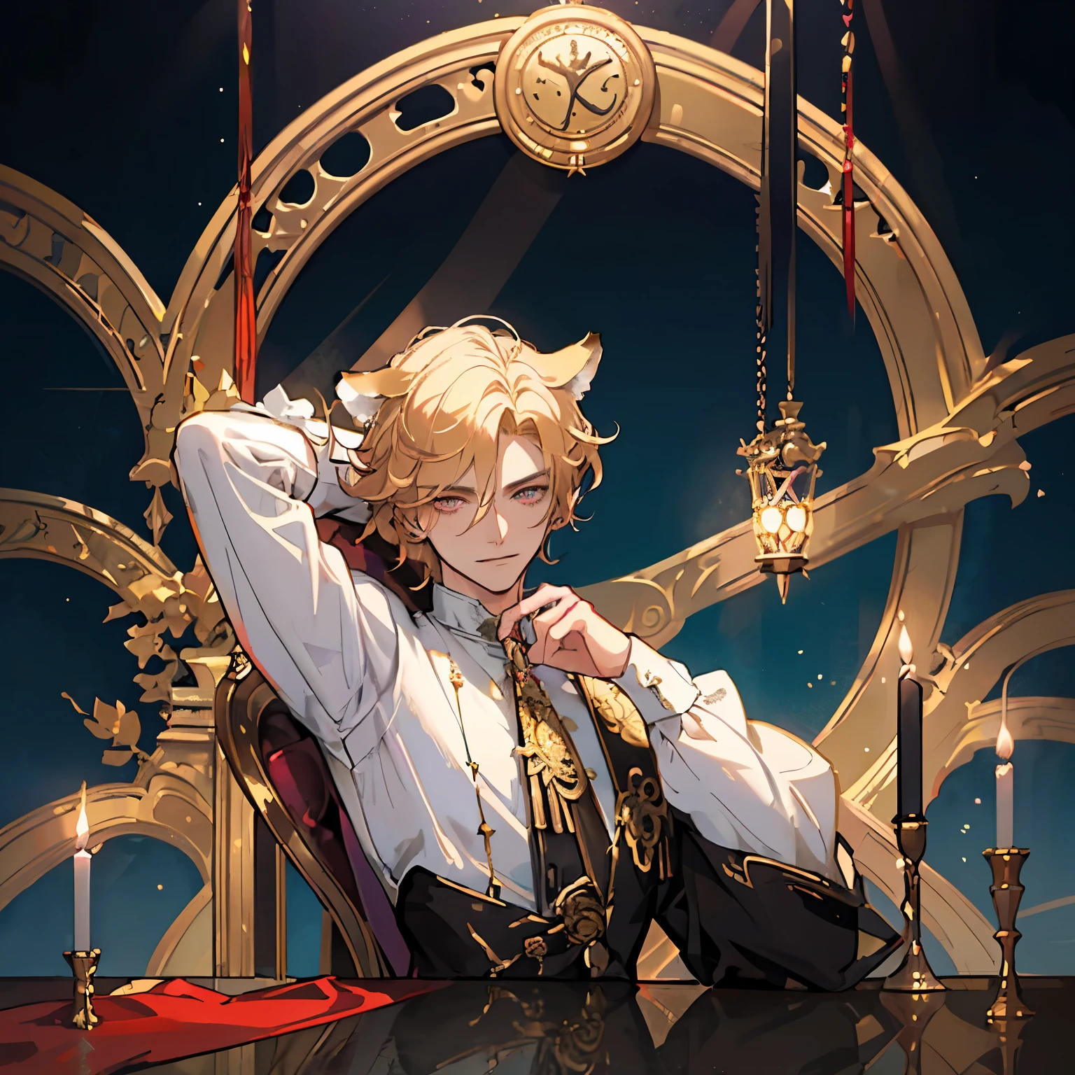 ((unreal engine, 4k high quality, trends of artstation, pixiv,soft render )) by Leyendecker, vintage aesthetic, (solo portrait), , soft dark shadows, dramatic spotlight lighting, mystical,, ((fantasy medieval setting, dnd,)) bard, Compere, showmen from circus, dramatic artist, theater actor performing on stage, all attention is focused on him, (close up )(Trickster, A illusionist in a hat, :0.9) aesthetics shot, rpg game character portrait, blond anime prince is 25 years old, (sexy male, 1man, 1boy, prince ,androgenic male body,) with ruffled collar, victorian ruffled white shirt, bow of thin black ribbon around the neck, European costume (Cat-like tiger ears on his head, neko-boy), (yellow blond hair, shoulder length wavy hair), short unruly hair ((wavy forelock covers right eye, left side hair tucked behind the ear)), (asymmetrical hair parting), elongated face, detailed beautiful face, (Black sclera, red irises, Beautiful demonic eyes, completely black eyes with red irises) piercing mysterious gaze, . sly charming smile, raised eyebrows, a relaxed , flirty, kind, curtsy,conceited, Glitter particles, purple-red-brown shades, mucha art deco, (Schrodinger from Hellsing :1) background with circus and theatrical motifs, fantasy eater stage and red curtain on the background,