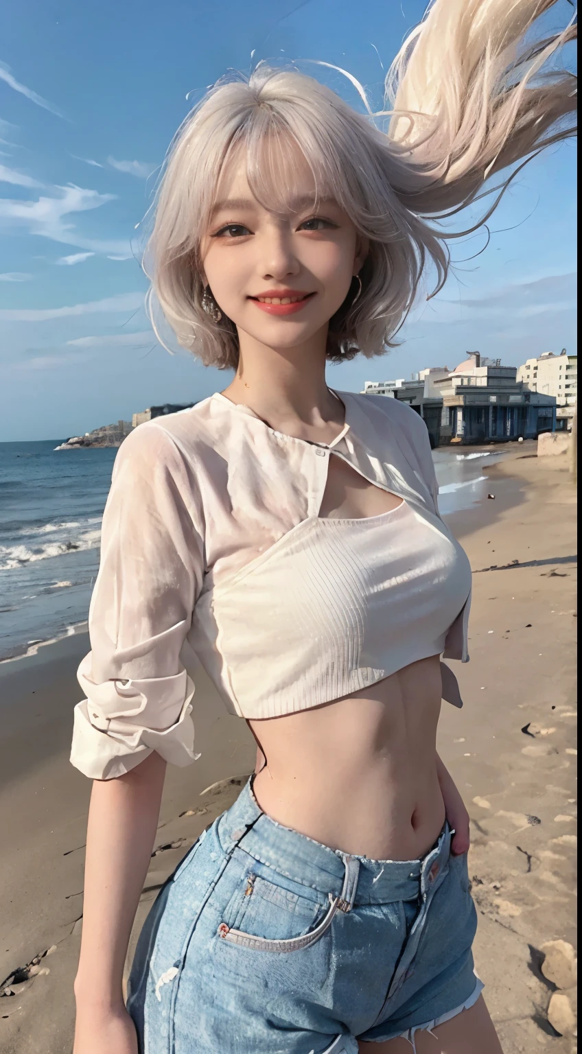 Best image quality、RAW Photos、超A high resolution、21 years old Korean、Small breasts、Dynamic Angle、Cowboy Shot、Chaos in its most beautiful form、elegant、Brutalist Design、Vibrant colors、Beautiful white hair、Short Bob、smile、fun、smile、Glowing White Skin、Beautiful eyes with random colors、Very thin lips、Beautiful eyes in every detail、 Narrow eyes、Cheeks are pale pink、Eyelash length、Beautiful double eyelids、eye shadow、Bright white hair、Crop top、Lightweight see-through jacket、Harem pants、Sandy Beach、Shooting from diagonally below、Low - Angle、The wind is blowing、Hair fluttering、boost mood、Full body photo
