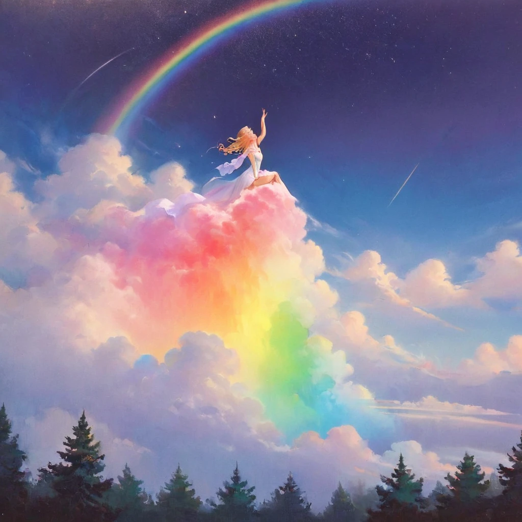 A stunningly ethereal woman, composed of a dazzling array of rainbow hues, reclines gracefully at the end of a radiant rainbow amidst the fluffy clouds in the sky. Bathed in dynamic and enchanting lighting, accentuates her vibrant, full-bodied form. Fantasy art. Masterpiece 