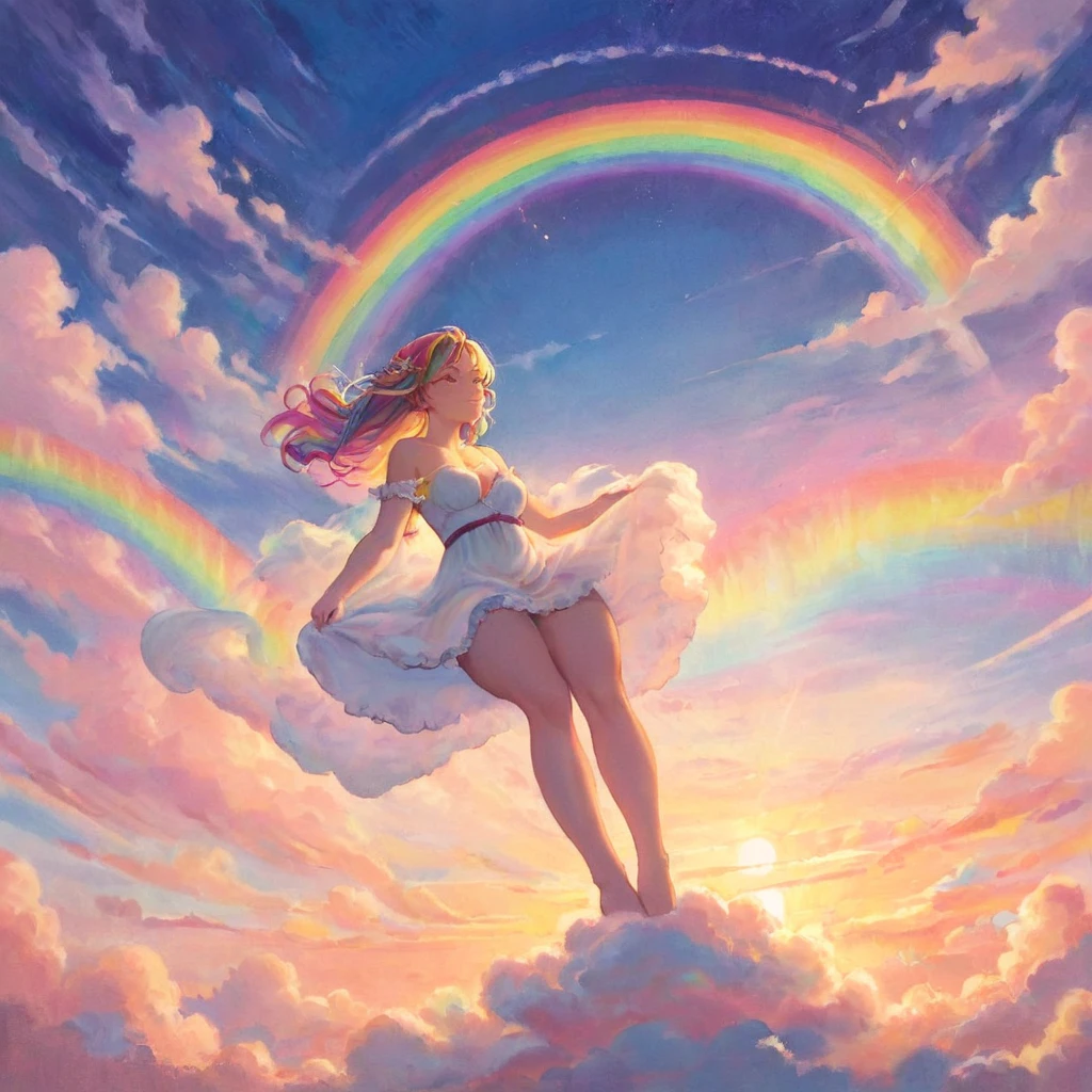 A stunningly ethereal woman, composed of a dazzling array of rainbow hues, reclines gracefully at the end of a radiant rainbow amidst the fluffy clouds in the sky. Bathed in dynamic and enchanting lighting, accentuates her vibrant, full-bodied form. Fantasy art. Masterpiece 