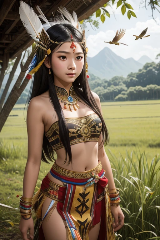 16 years old Chinese Indonesian young girl long black hair pretty face beautiful breast white skin, Wearing strapless Sleeveless Dayak traditional clothing complete with bird feather decoration on the head dancing in grass field 