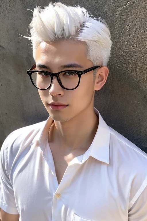 Young man wearing glasses, Chinese face, white hair, olive skin, white shirt, handsome face