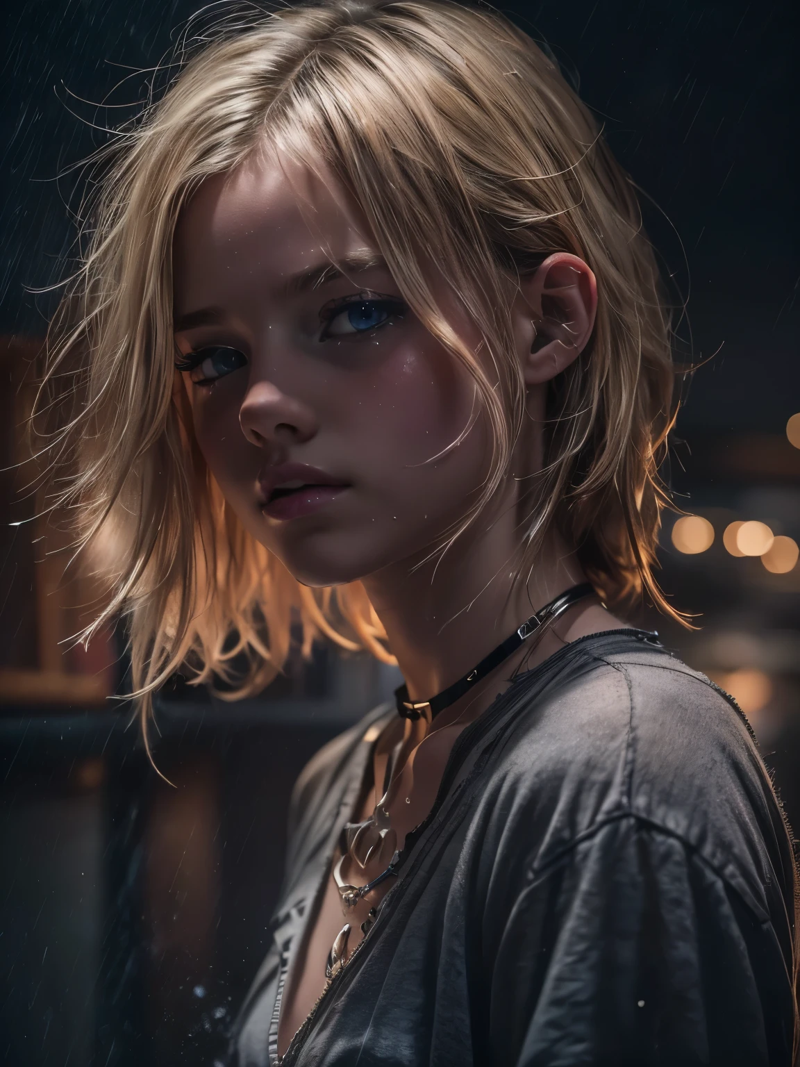 ****ung girl, blonde hair, flat chested, wet, 18yo (best quality:1) , (masterpiece:1), (ultra detailed:1), photorealism, upper body, (looking at viewer:1.1), (indoors, night, darkness, dark room:1.2)
side on, short hair, choker, atmospheric lighting, moody and gritty, low key lighting
