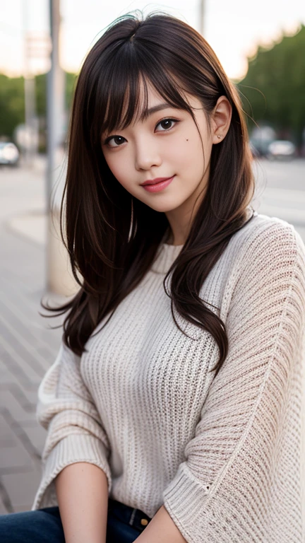 1girl,age30, seductive pose, light brown hair, very long hair, asymmetrical bangs, floating hair, mole under eye, longeyelashes, smile, Surrealism, depth of field, cowboy shot, 35mm, f/16, Canon, super detail, UHD, masterpiece, anatomically correct, textured skin, super detail, high details, high quality, best quality, highres, 16k, (brown poncho style sweater),town lights ,Droopy eyes
