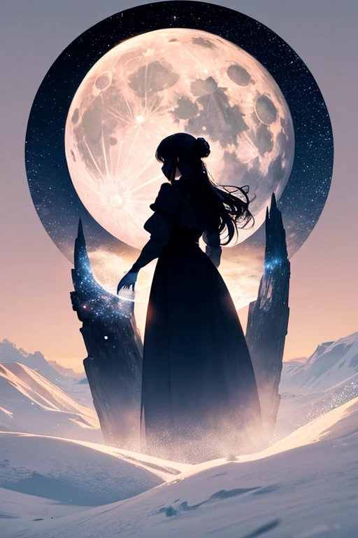 highest quality,Big moon and shadow,A silhouette of a person can be seen against the backdrop of a large moon.,There is one full moon,There is a mood,Beautiful scenery,Starry Sky