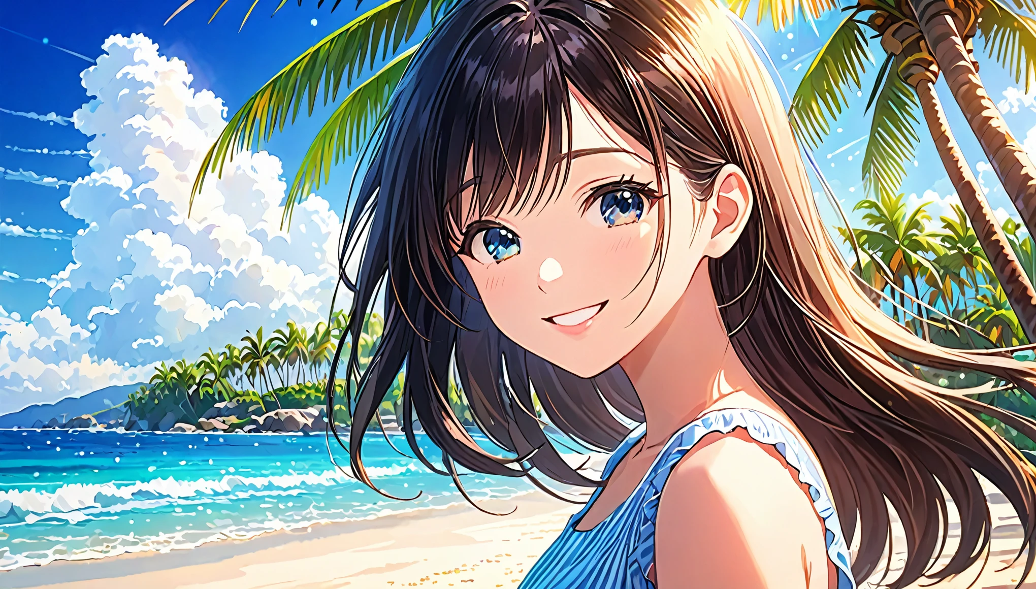 Sparkling sea and tropical ocean, Sunny sky with fluffy white clouds, Palm trees along the coast, Blur the background,Pleasant sea breeze,Young woman with dark hair,smile,Glitter effect,highest quality, 4K, 8k, High resolution, masterpiece:1.2, Very detailed, Realistic:1.37, High resolution, 超High resolution, Studio Lighting, Ultra-fine painting, Sharp focus, Physically Based Rendering, Very detailedな説明, Professional, Vibrant colors