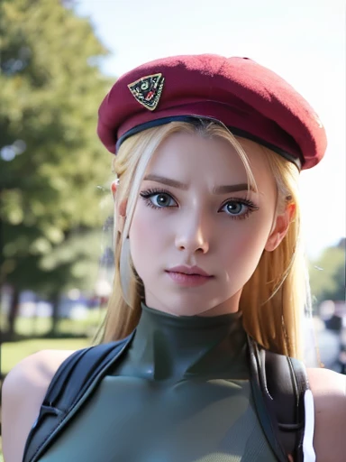 (((Fighting Pose))),masterpiece, highest quality, High resolution, One girl, Cammy White, Twin Blade, Long Hair, Blonde Hair, Antenna Hair, beret, (Red Hat:1.3), blue eyes, Wounds on the cheeks, Green leotard, big boobs 36 DD, No sleeve, Red gloves, Fingerless gloves, Camouflage, Cowboy Shot, Are standing, Outdoor, Arms at your sides, Straight,