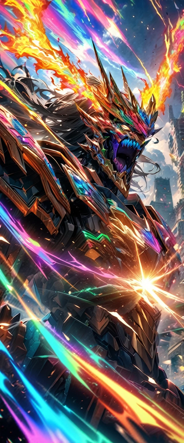 absurdres, highres, ultra detailed, HDR, masterpiece, extremely detailed face and eyes, colorful shinning golden diamond rainbow God Mecha armor dragon knight, Epic mecha Dragon mask,,colorful Black hair , , solo, ,man, handsome, , , Epic fight scene, colorful flames splashing effect,colorful lightning effect,glowing glitters