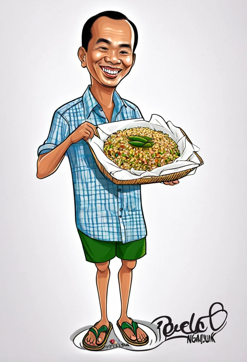 "Draw a caricature of a man with a big head, holding traditional pecel rice, wearing flip-flops and a casual shirt, with the words 'PECEL NGANJUK' on it."