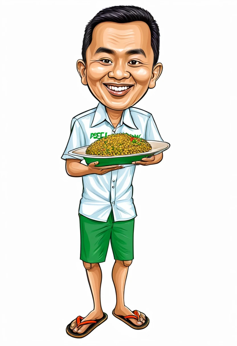 "Draw a caricature of a man with a big head, holding traditional pecel rice, wearing flip-flops and a casual shirt, with the words 'PECEL NGANJUK' on it."