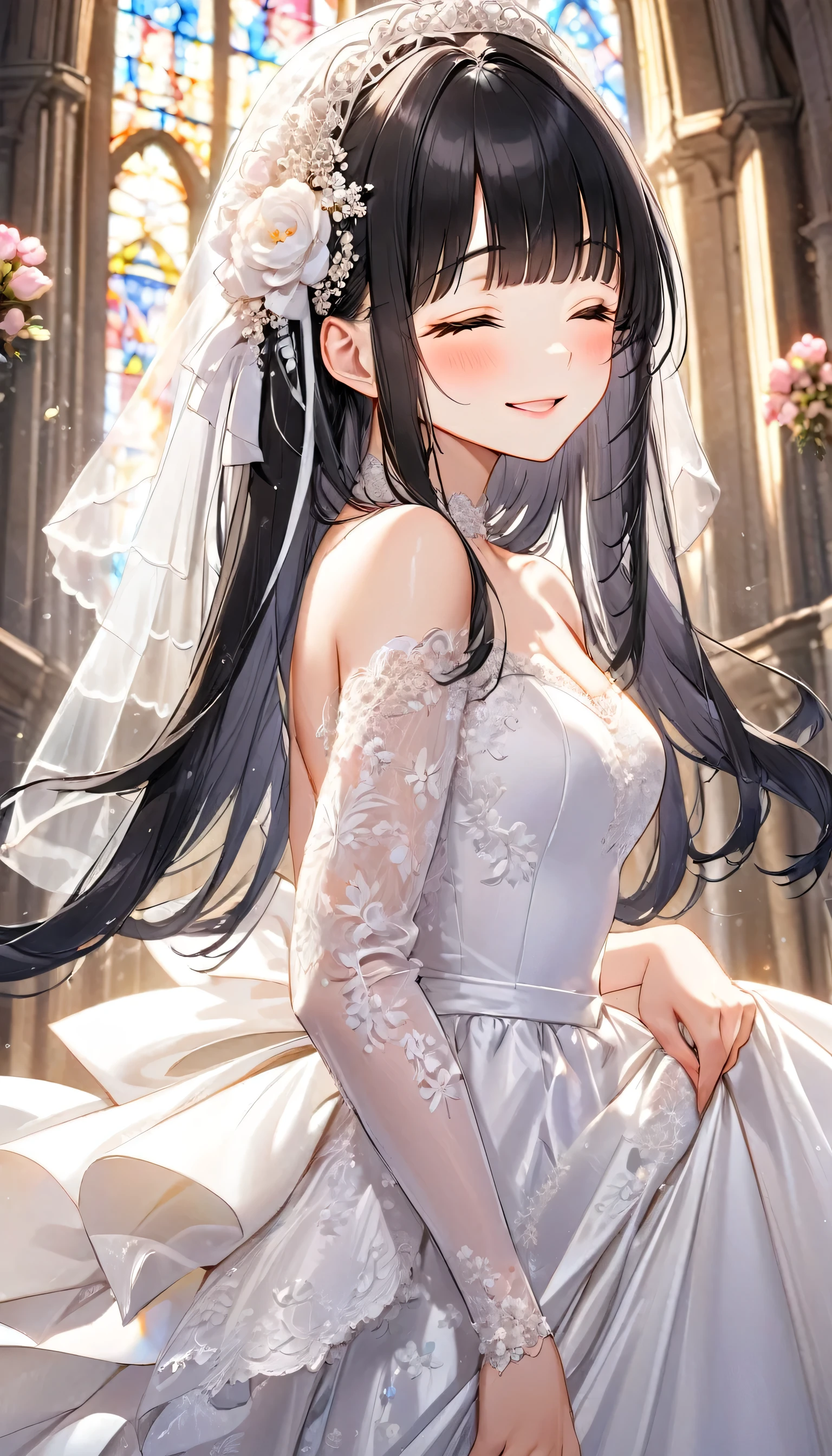 
(June Bride style) (15 yo, solo) ((blunt bangs)) black hair long hair sexy girl, sexy closed eyes, love smile) ((makeup, rozy mouth)) (in a sexy bride A stunning silk:1.3 wedding dress), (in the divine Chapel), BREAK, perfect anatomy, masterpiece, best quality, 16k, beautiful detailed grow, daydreaming expression.