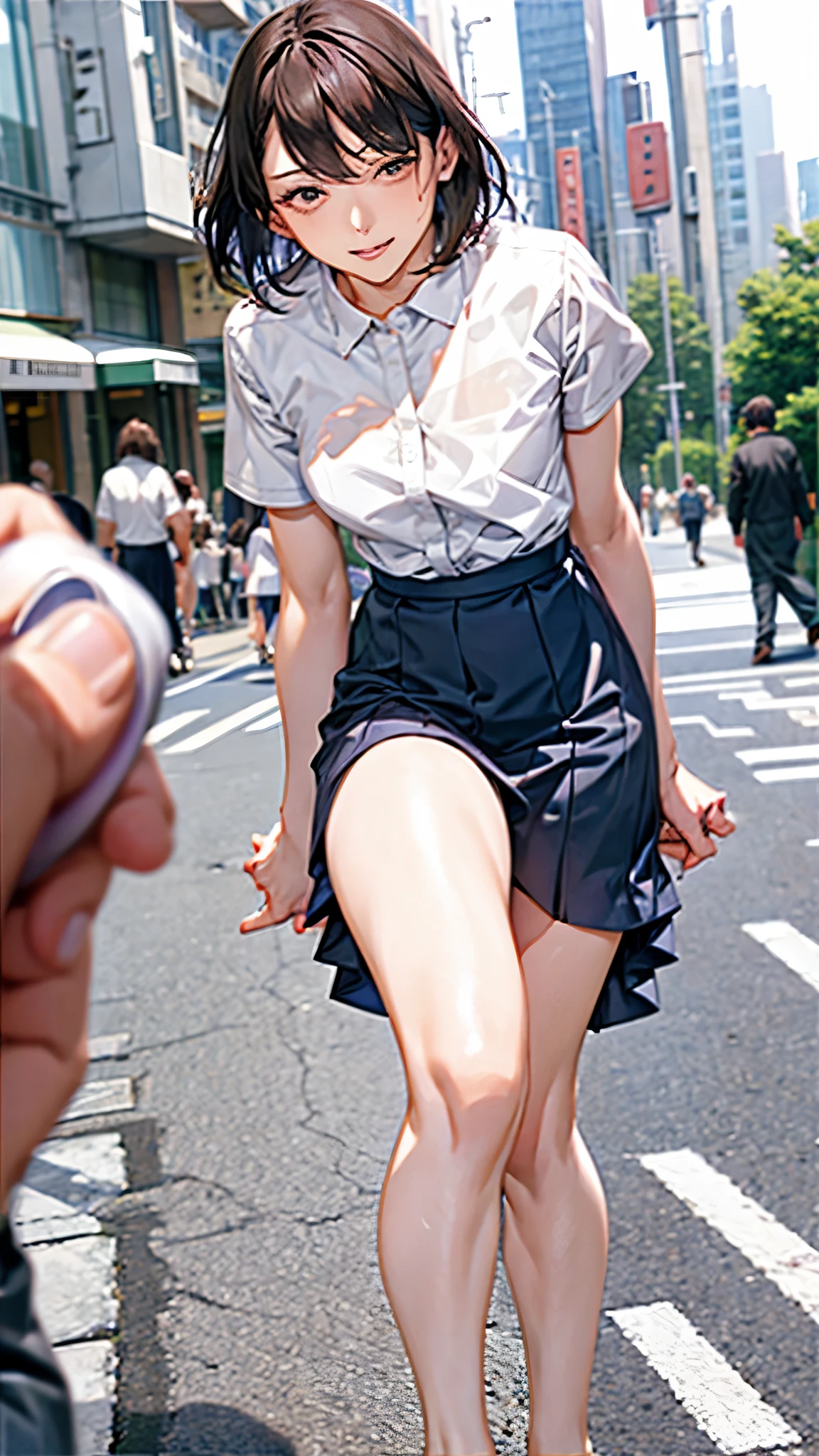 Shooting from below、Bob、panties,Leg spread:0.8,Public images, reception, Front Office Associate, Group photo:1.5, Woman on the phone, Very lewd legs,Body Oil, White shirt, tight,Long skirt,