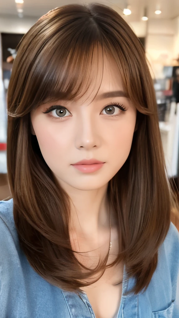 Best quality, 8k, ,Masterpiece :1.3)), facing viewer,((full body1.2)) ,pretty woman, wide shot ,1girl, , selfie , , Hair salon, brown hair , bangs,ultra-detailed face, highly detailed lips, detailed eyes, double eyelid
