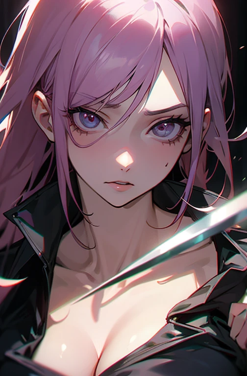 Cool women、sexy、Center of chest、Rize from Chainsaw Man、beauty、yandere、Sword in hand、Face close-up、Licking a knife、