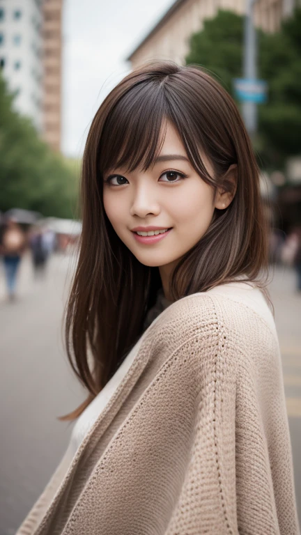 1girl,age30, seductive pose, light brown hair, very long hair, asymmetrical bangs, floating hair, mole under eye, longeyelashes, smile, Surrealism, depth of field, cowboy shot, 35mm, f/16, Canon, super detail, UHD, masterpiece, anatomically correct, textured skin, super detail, high details, high quality, best quality, highres, 16k, (brown poncho style sweater),town lights ,