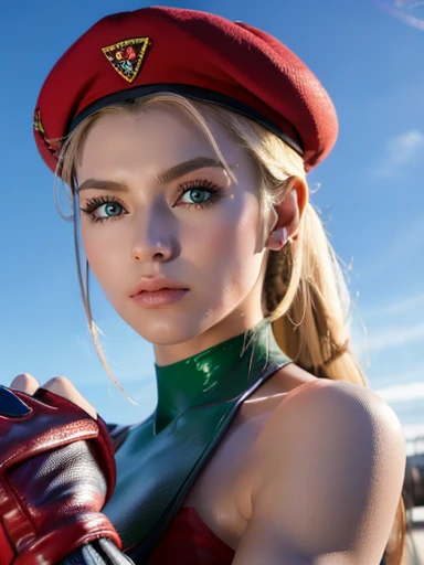 (((Fighting Pose))),masterpiece, highest quality, High resolution, One girl, Cammy White, Twin Blade, Long Hair, Blonde Hair, Antenna Hair, beret, (Red Hat:1.3), blue eyes, Wounds on the cheeks, Green leotard, big boobs 36 DD, No sleeve, Red gloves, Fingerless gloves, Camouflage, Cowboy Shot, Are standing, Outdoor, Arms at your sides, Straight,