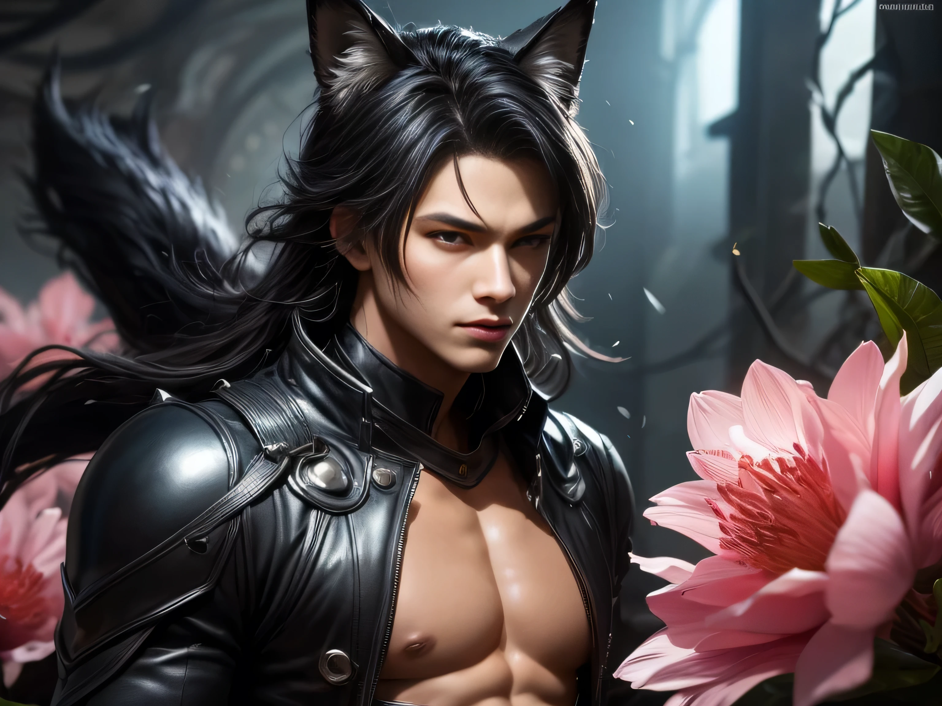 (Best Quality, 8K, Masterpiece, HDR, Soft Lighting, Picture Perfect, Realistic, Vivid), Nine Tails of a Black Fox (1.0), Tail of a Black Fox (1.0), Nine-Tailed Fox, Guy Fox with Black Hair, Fox ears and Blue Suit Sexy open leather suit, naked torso with developed body, beautiful fantasy anime, very handsome and cute fox guy, pink flower rain, background blur, anime fantasy, Gouves style work, realistic: 1.37, top view, lying in pink flowers, horizontal view, (ultra high quality fantasy art), masterpiece, male model, ultra high quality male character design, anime art with 8k development, realistic anime art, highest quality wallpaper illustrations, complex ultra high quality accurate male characters faces, high quality design and accurate physics (super high quality fantasy style)) art, dark fantasy)) Style), masterpieces, super high-quality characters, anime resolution - 8K, realistic anime art, wallpapers with the highest quality illustrations, ultra-high detail of faces, high-quality design and accuracy of physics), color, depth of field, shadows, ray tracing , production of high-quality computer wallpapers and 8K resolution, (Accurate simulation of the interaction of light and materials)], [High-quality hair detail [More about beautiful and shiny red hair]], (Beautifully detailed hands [perfect fingers [Perfect nails]], (perfect anatomy (perfect proportions)))) [[Full-length]], [Perfect combination of colors (Accurate imitation of the interaction of light and material)], [art that conveys the meaning of the story]