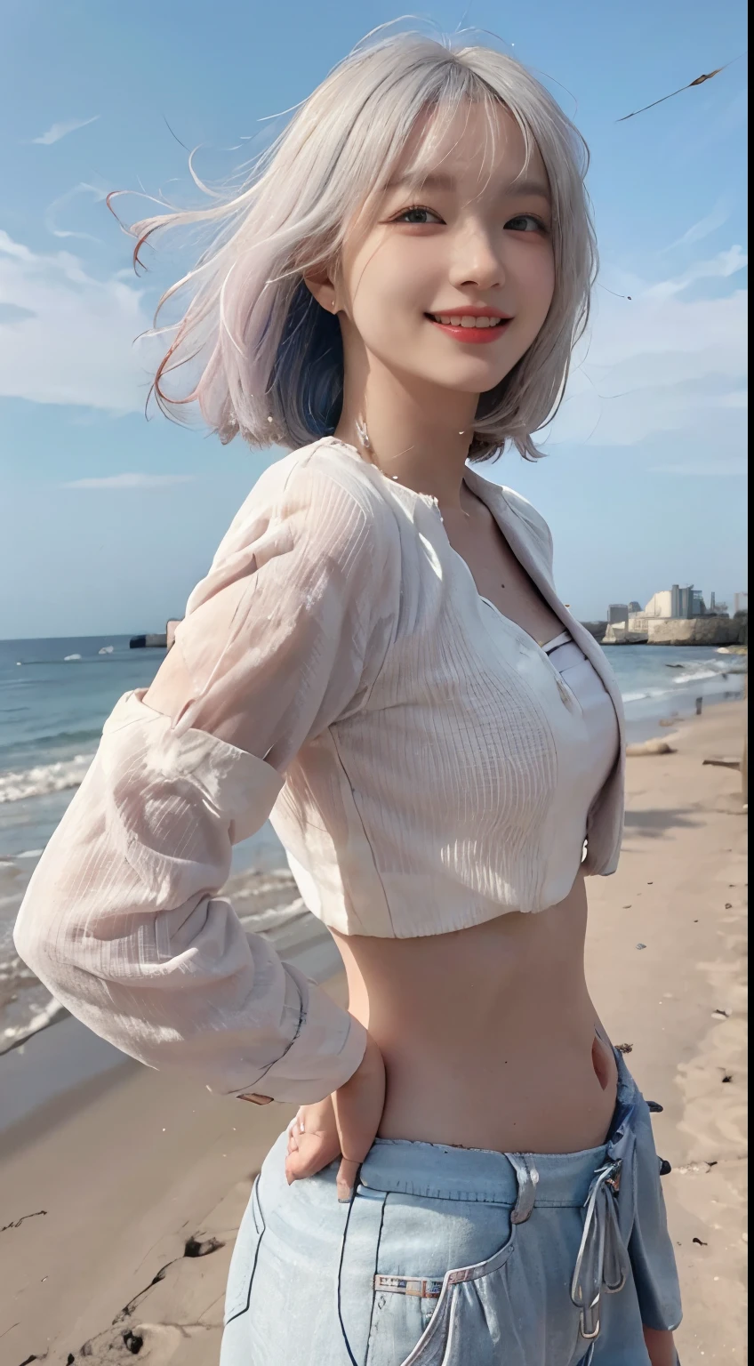 Best image quality、RAW Photos、超A high resolution、21 years old Korean、Small breasts、Dynamic Angle、Cowboy Shot、Chaos in its most beautiful form、elegant、Brutalist Design、Vibrant colors、Beautiful white hair、Short Bob、smile、fun、smile、Glowing White Skin、Beautiful eyes with random colors、Very thin lips、Beautiful eyes in every detail、 Narrow eyes、Cheeks are pale pink、Eyelash length、Beautiful double eyelids、eye shadow、Bright white hair、Crop top、Lightweight see-through jacket、Harem pants、Sandy Beach、Shooting from diagonally below、Low - Angle、turn around、The wind is blowing、Hair fluttering、boost mood、Full body photo
