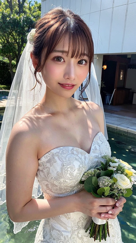 (highest quality,masterpiece:1.3,超A high resolution,),(Ultra-detailed,Caustics),(Photorealistic:1.4,RAW shooting,)Ultra-Realistic Capture,Very detailed,High resolution 16K human skin closeup。 The skin texture is natural、,Pores、It must be detailed enough to be easily identifiable.。 Skin should look healthy and have an even tone。 Use natural light and color,1 girl,Japanese,cute,22 years old,Laughs and Tears,Looking into the camera,Natural brown hair,Half Up,Medium sized breasts,Wedding Veil,Pure white wedding dress,Holding a bouquet,Stand upright,Looking into the camera,Flooded with light,Front view,View from the front,Cowboy Shot,Low position,Advantageous perspective natural light,(random world heritage:1.35)
