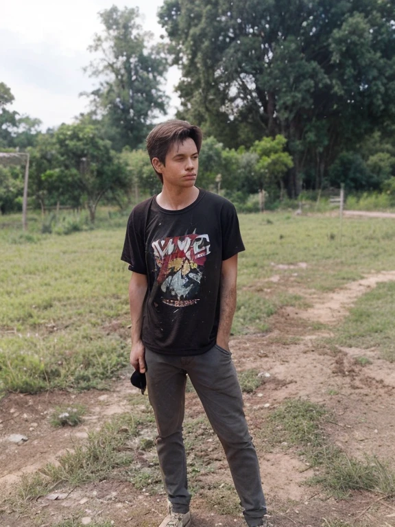 The photo was taken in a rural area. The vegetation is lush and green, and the trees are tall and shady. The ground was covered in dirt and grass. There's a building in the background, but it's too far away to see any details. The man in the photo is wearing a superhero outfit, indicating that the weather is warm.