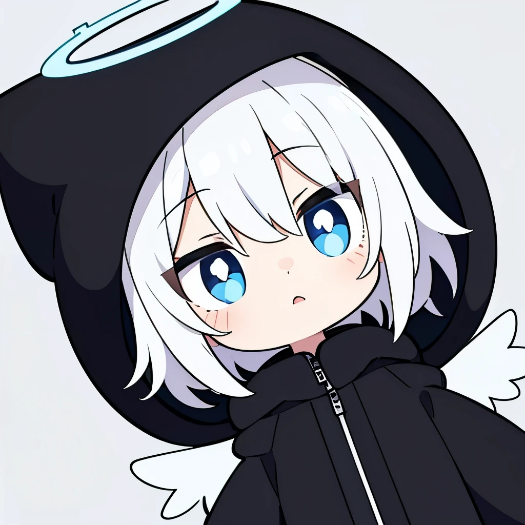  One boy, alone, Short Hair, (White Hair, Blue eyes with vertical pupils), Angel Halo, Black long coat, Black fur hood, Angel&#39;s wing, Vertical scar, Right eye is hidden, Performance, laughing, Delighted