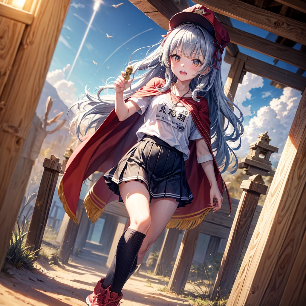 Red Blue Hair、Golden Eyes、Braid、One good looking girl、solo、anime、Checkered mini skirt、Ruffles on the skirt、Red T-shirt、Cape、Gothic、Black knee-high socks、Wearing a baseball cap、Wearing a ribbon、Ribbon on waist、Tilting face、Teeth are visible、Sunset sky、Piercing the clouds、Contrail、Cumulonimbus、Pillar of Light、Silver coin necklace、A world of light、shine、Tap from above、bell、torii、Desert Oasis、water is gushing out、Wearing a name tag、Sparks are flying