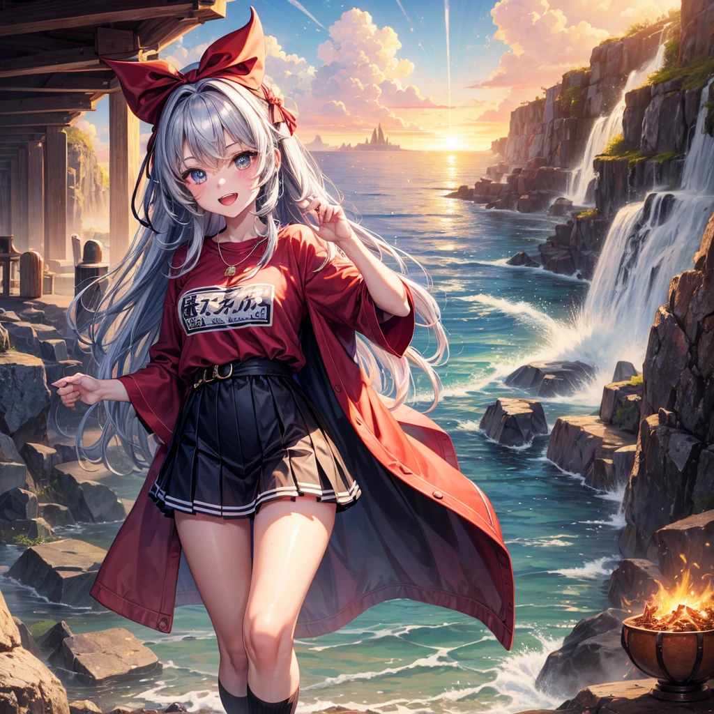 Red Blue Hair、Golden Eyes、Braid、One good looking girl、solo、anime、Checkered mini skirt、Ruffles on the skirt、Red T-shirt、Cape、Gothic、Black knee-high socks、Wearing a baseball cap、Wearing a ribbon、Ribbon on waist、Tilting face、Teeth are visible、Sunset sky、Piercing the clouds、Contrail、Cumulonimbus、Pillar of Light、Silver coin necklace、A world of light、shine、Tap from above、bell、torii、Desert Oasis、water is gushing out、Wearing a name tag、Sparks are flying