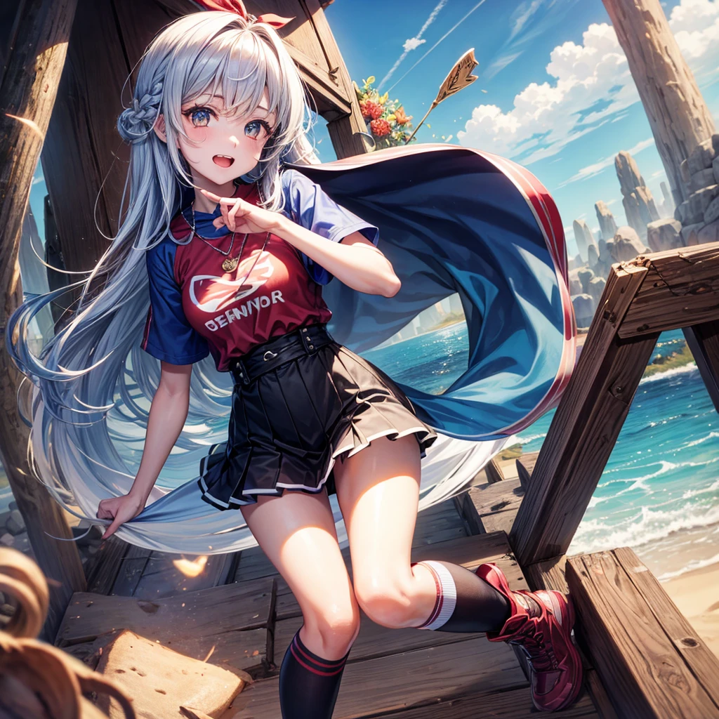 Red Blue Hair、Golden Eyes、Braid、One good looking girl、solo、anime、Checkered mini skirt、Ruffles on the skirt、Red T-shirt、Cape、Gothic、Black knee-high socks、Wearing a baseball cap、Wearing a ribbon、Ribbon on waist、Tilting face、Teeth are visible、Sunset sky、Piercing the clouds、Contrail、Cumulonimbus、Pillar of Light、Silver coin necklace、A world of light、shine、Tap from above、bell、torii、Desert Oasis、water is gushing out、Wearing a name tag、Sparks are flying