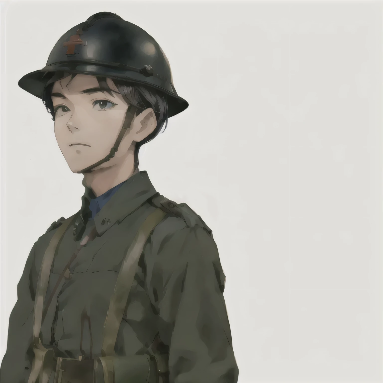 There was a man in uniform standing., Inspired by Junpei Sato, Made with Anime Painter Studio., japan soldier in world war 2, mario as a world war i soldier, Official character art, Drawing in Anime Painter Studio, Inspired by Hisui Tsukiura, Inspired by Kamisaka Sekka, soldier, Inspired by Yoshihiko WadaAsian man with big eyes, black hair, military helmet, green uniform