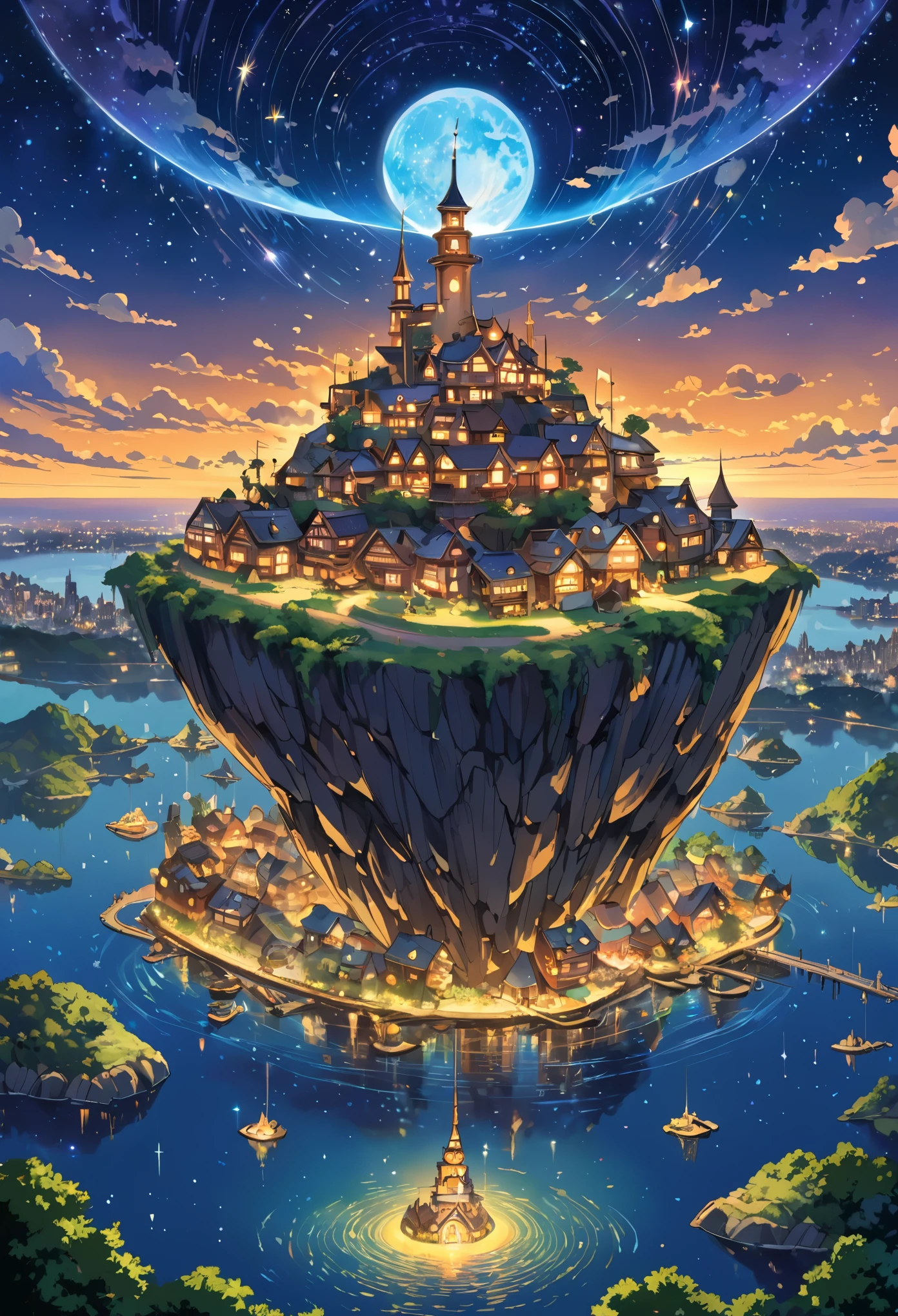 Highly detailed anime-style still images, Ghibli Studio Style, masterpiece, Official Art, Professional, ((Super detailed)), 8k,
((Don&#39;t show it to anyone)), 
A sparkling city, crystallization, Reflective surface, Prism light effect, The setting is a floating island surrounded by a starry sky..