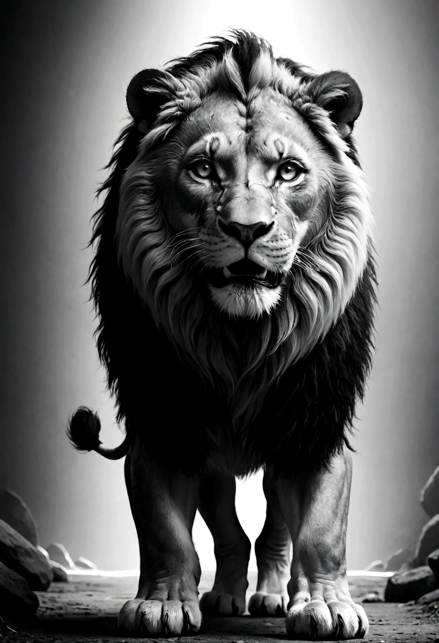 black and white lion from the front
