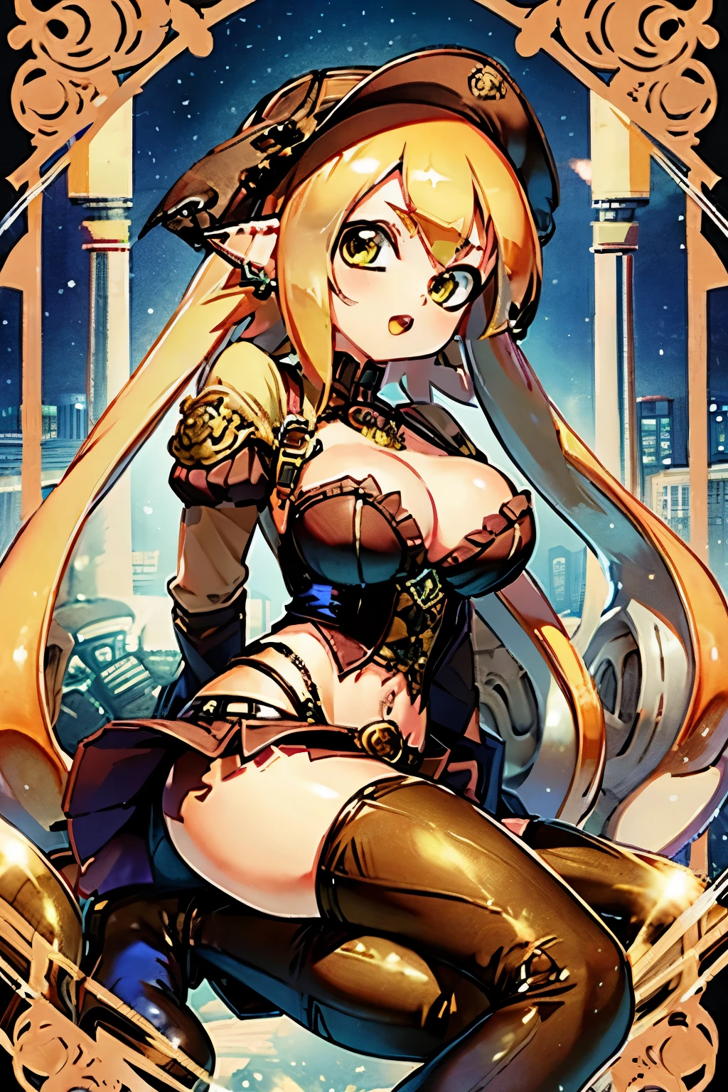 Realistic, High resolution, Real Anime、3D、Splatoon Girl、 Hip Up, Beautiful Eyes, Golden Eyes、Long golden tentacle hair, gigantic breast、Cleavage、Open front clothing、jewelry, tattoo, Micro Mini Skirt, Knee socks, Have, jewelry, boots, belt, lips, zettai ryouiki, thigh boots, corset, top Have, steampunk, steampunk_Costumes、Open Mouth Smile、blush、