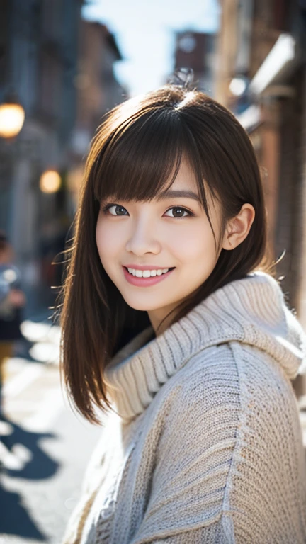 1girl,age30, seductive pose, light brown hair, very long hair, asymmetrical bangs, floating hair, mole under eye, longeyelashes, smile, Surrealism, depth of field, cowboy shot, 35mm, f/16, Canon, super detail, UHD, masterpiece, anatomically correct, textured skin, super detail, high details, high quality, best quality, highres, 16k, (brown poncho style sweater),town lights ,midnight