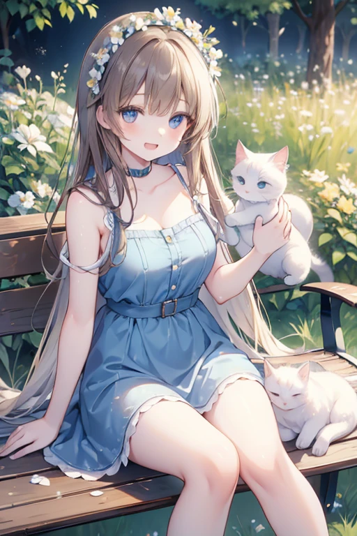 woman,19 years old,Semi-long brown hair,With bangs,Wearing a flower crown,blue eyes,Laughing,Denim dress,Sitting on a bench holding a white cat,blue flower field