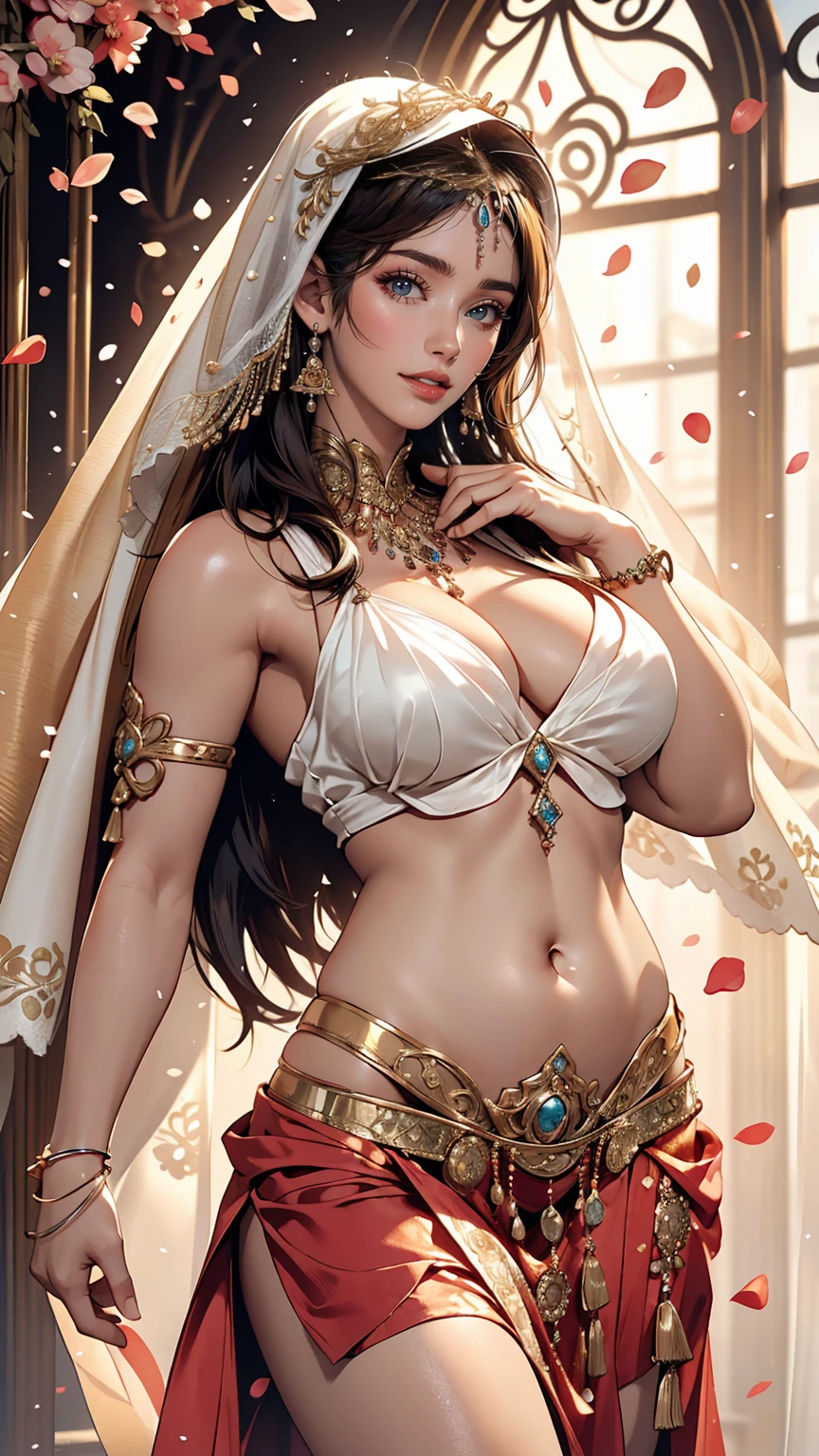 8K, RAW Photos, highest quality, masterpiece:1.2), (Realistic, photo-Realistic:1.37)、Earrings, eyelash, pantyhose、Sexy and provocative smile、 (Shiny skin:1.05)、Venus Body、Having her hair done、My chest is popping out、Wear accessories on your wrist、Wearing accessories on the ankle、Background blur((depth of field)、23 year old Arabian female、long hair、Wear a sexy belly dance costume、barefoot、Face Veil((mouth veil))Put on face、art nouveau background、Petals dance across the screen、Dancing belly dance with a bewitching smile