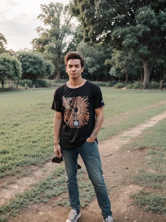 The photo was taken in a rural area. The vegetation is lush and green, and the trees are tall and shady. The ground was covered in dirt and grass. There's a building in the background, but it's too far away to see any details. The man in the photo is wearing a superhero outfit, indicating that the weather is warm.