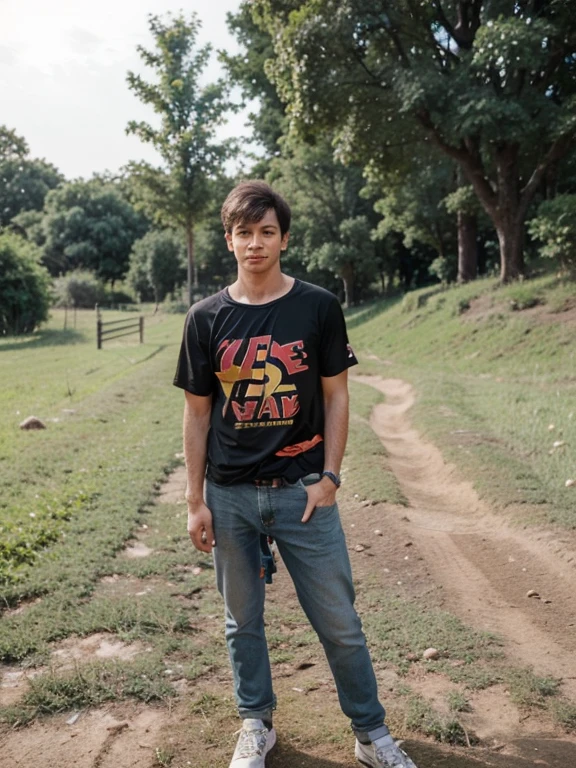 The photo was taken in a rural area. The vegetation is lush and green, and the trees are tall and shady. The ground was covered in dirt and grass. There's a building in the background, but it's too far away to see any details. The man in the photo is wearing a superhero outfit, indicating that the weather is warm.