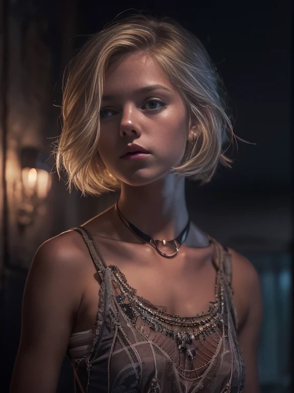 1 young girl, blonde hair, very small breasts, flat chested, intricate dress, 18yo (best quality:1) , (masterpiece:1), (ultra detailed:1), photorealism, upper body, (looking at viewer:1.1), (indoors, night, darkness, dark room:1.2) side on, short hair, choker, atmospheric lighting, moody and gritty, low key lighting