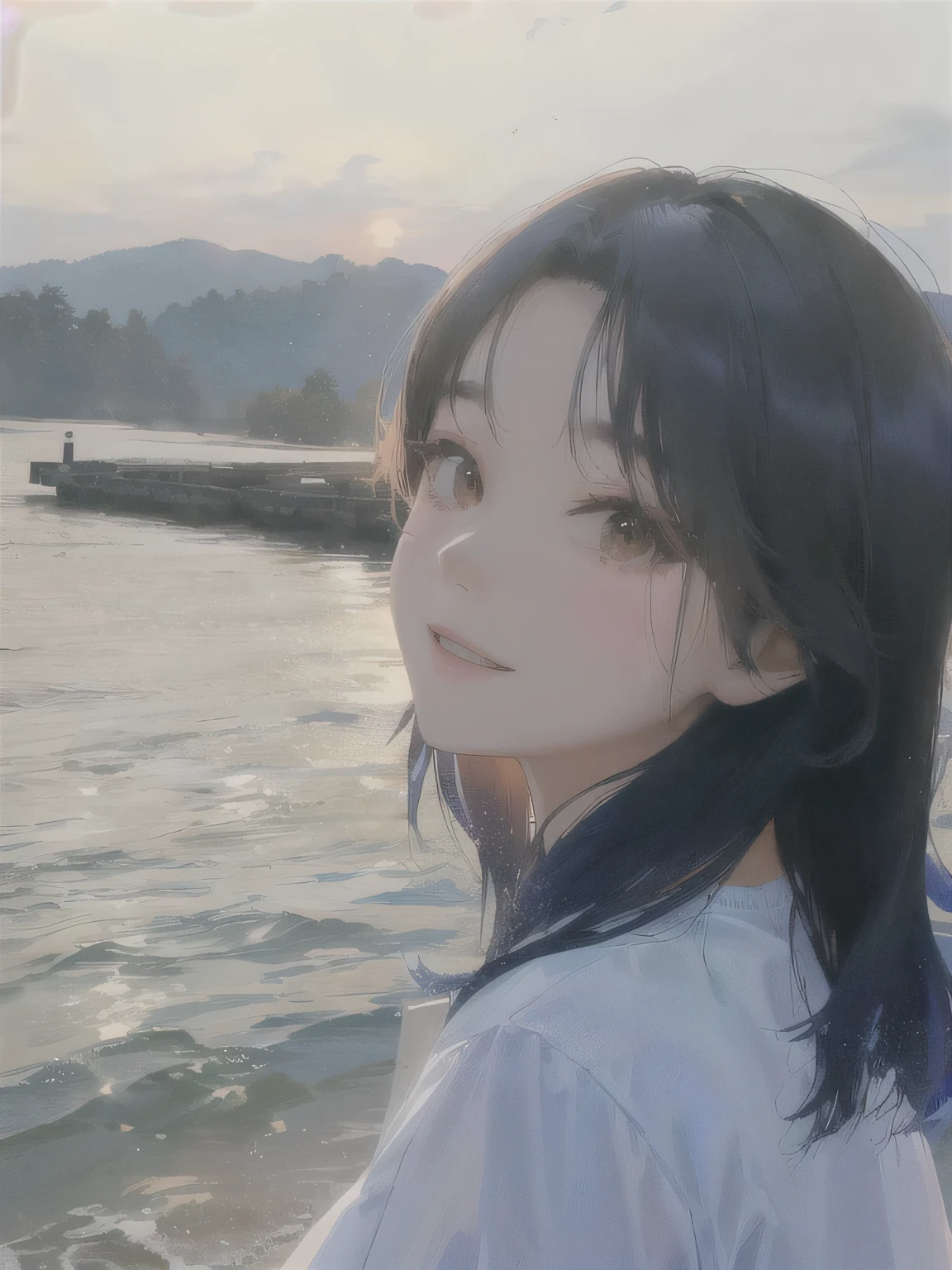 There was a woman standing at the water's edge, 8K selfie photograph, Nam Jae Yeon, jinyoung shin, Cui Xianhua, Ulzan, xintong chen, Sun Yunzhu, wenfei ye, Lee Ji-eun, Lee Ji-eun, 8K)), short hair, gongbi, louise zhang, Yoon Se-sun,Comic Face,White T-shirt,Smile