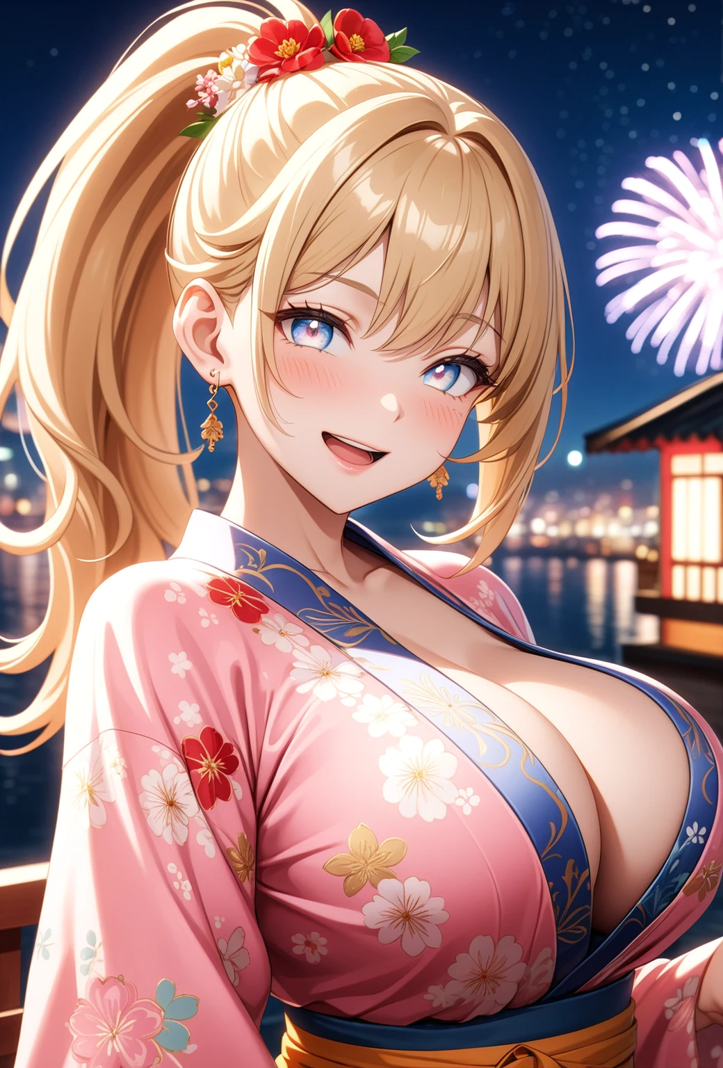 ((one personの女性)), Beautiful Face,Laughing embarrassedly,((Wink:2.0)),laugh with a big mouth,turn bright red,Glossy pink lips,night,rooftop,Festive decorations,You can see the ocean, firework,((Anime style background)),masterpiece, highest quality, so beautiful, Latest, Complex details, (Pink long nails),AI-generated, Complex,High resolution, highest quality, super high quality,3D Images、View your viewers、3D Images,one person,Long Blonde Hair,High Ponytail,blue eyes,Anime woman posing for a photo, (Fine grain,Silvery white colorful eyes,Shining Eyes:1.4),(Squint your eyes:1.1),a hyperRealistic , hyperRealistic , Realistic,Blonde anime woman with long hair, Smooth anime CG art, A woman in a colorful kimono with gold embroidery, (Pink kimono),Red floral pattern,Long flower hair ornament,Big earrings,(ring),(Big Breasts:1.1),Mature Body,Tall,Big Ass,Fine details,Tight waist,Abdominal muscles,(Face close up:1.5),Photographed from the front