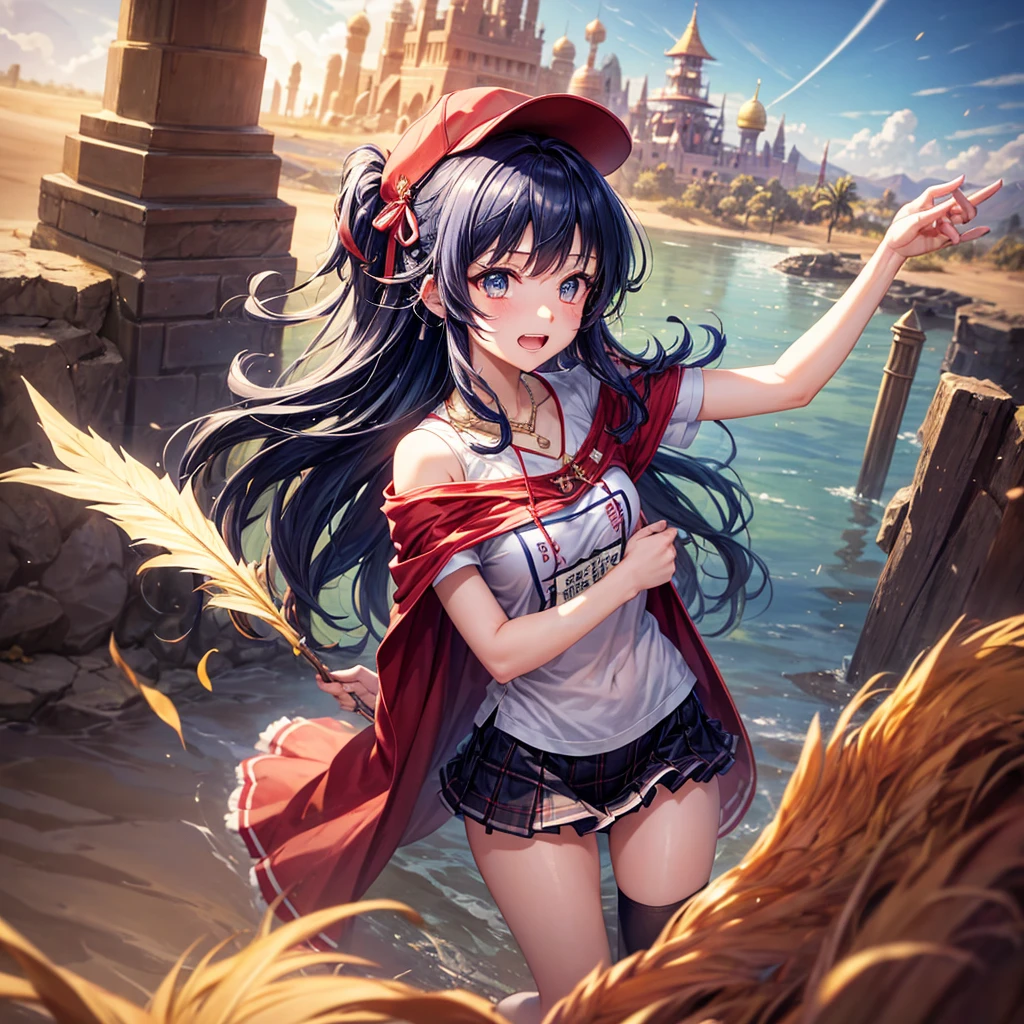 Red Blue Hair、Golden Eyes、Braid、One good looking girl、solo、anime、Checkered mini skirt、Ruffles on the skirt、Red T-shirt、Cape、Gothic、Black knee-high socks、Wearing a baseball cap、Wearing a ribbon、Ribbon on waist、Tilting face、Teeth are visible、Sunset sky、Piercing the clouds、Contrail、Cumulonimbus、Pillar of Light、Silver coin necklace、A world of light、shine、Tap from above、bell、torii、Desert Oasis、water is gushing out、Wearing a name tag、Sparks are flying