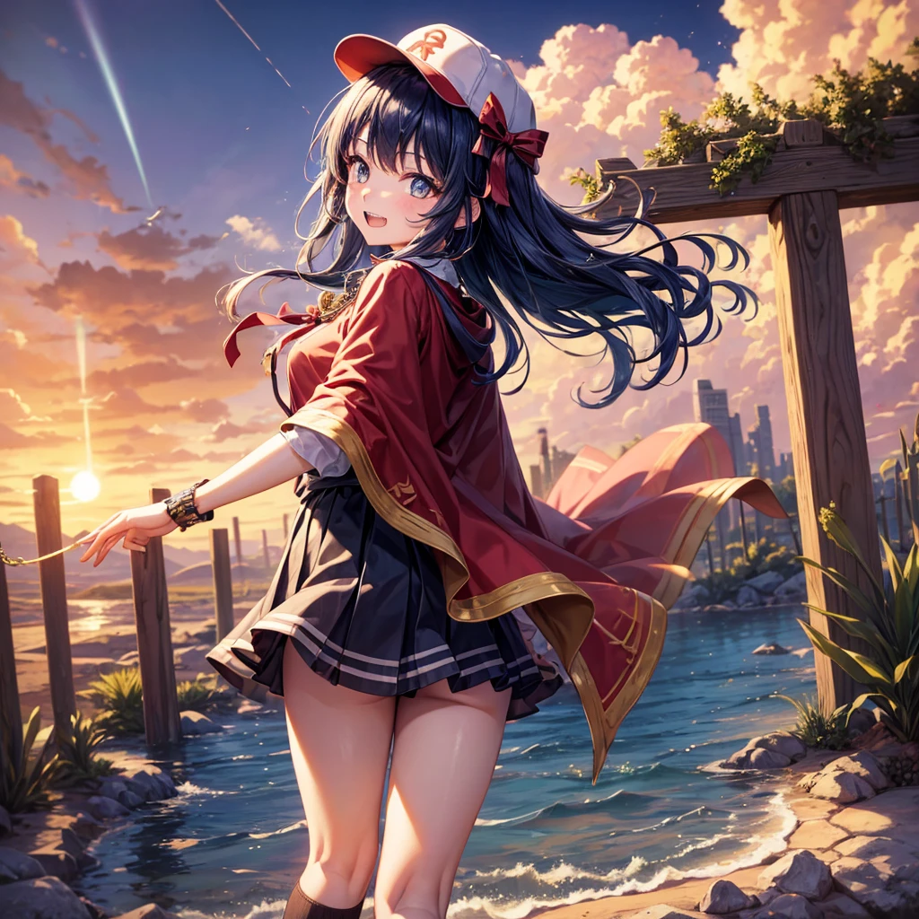 Red Blue Hair、Golden Eyes、Braid、One good looking girl、solo、anime、Checkered mini skirt、Ruffles on the skirt、Red T-shirt、Cape、Gothic、Black knee-high socks、Wearing a baseball cap、Wearing a ribbon、Ribbon on waist、Tilting face、Teeth are visible、Sunset sky、Piercing the clouds、Contrail、Cumulonimbus、Pillar of Light、Silver coin necklace、A world of light、shine、Tap from above、bell、torii、Desert Oasis、water is gushing out、Wearing a name tag、Sparks are flying