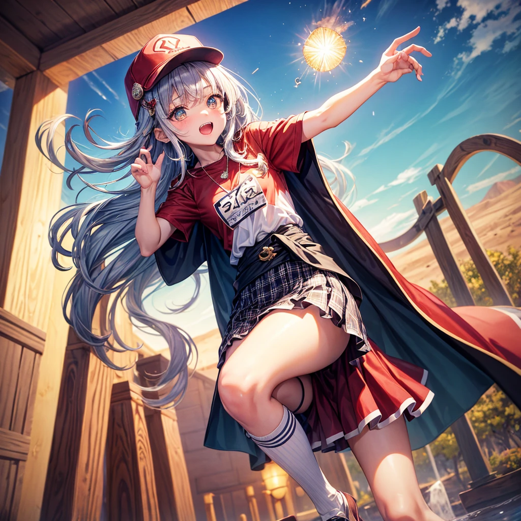 Red Blue Hair、Golden Eyes、Braid、One good looking girl、solo、anime、Checkered mini skirt、Ruffles on the skirt、Red T-shirt、Cape、Gothic、Black knee-high socks、Wearing a baseball cap、Wearing a ribbon、Ribbon on waist、Tilting face、Teeth are visible、Sunset sky、Piercing the clouds、Contrail、Cumulonimbus、Pillar of Light、Silver coin necklace、A world of light、shine、Tap from above、bell、torii、Desert Oasis、water is gushing out、Wearing a name tag、Sparks are flying